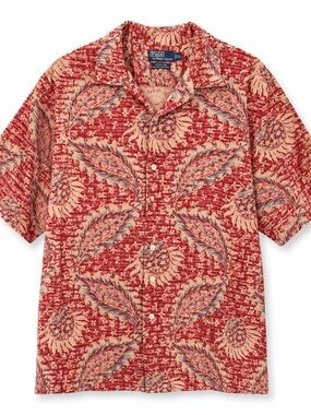 Vintage Polo Ralph Lauren XXL Red Linen Blend Tropical Hawaian  Camp Shirt